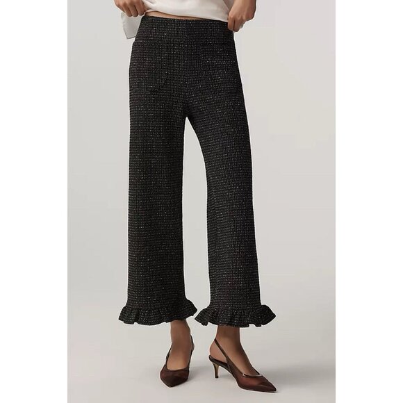 Anthropologie Colette Tweed Ruffle-Hem Crop Wide-Leg Pants Maeve Black Womens 28